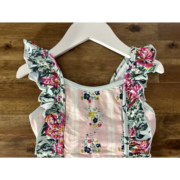 NWT SweetHoney Mary One Piece Swimsuit Regal Roses Pink Ruffle Floral Green 4T - Picture 3 of 9